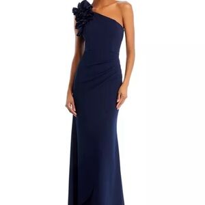 Aqua Navy One Shoulder Ruffle Crepe Gown - Exclusive